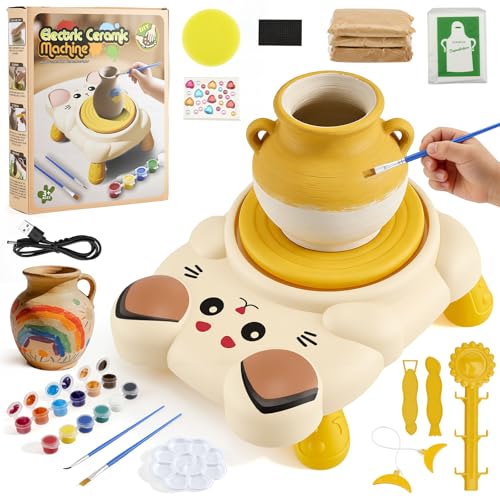 Pottery Wheel for Kids Kitty Pottery Kit with Air Dry Clays Paints & Cutting Tools Pottery Painting Kit Arts and Crafts Toys for Aged 6-12 Boys Girls Toys Gifts for 6 7 8 9 10 11 12 Year Old Kids