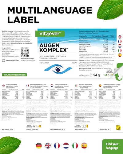 Augen Vitamin Komplex - 180 Kapseln für 6 Monate mit Lutein, Zeaxanthin, Heidelbeere Extrakt, Beta-Carotin, Vitamin A & Vitamin B2 - Vegan, hochdosiert, ohne unnötige Zusätze