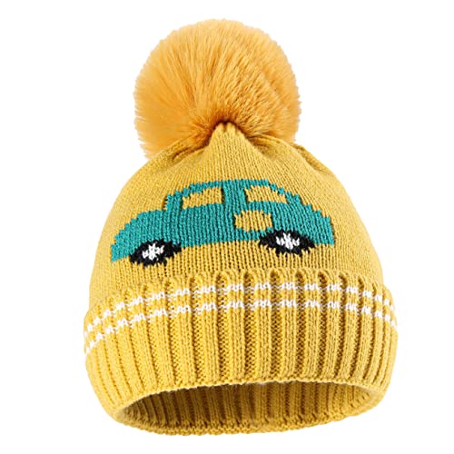 Cartoon Car Knit Baby Hat with Plush Ball Warm Ear Covering Beanie for Boys and Girls Winter Toddler Cap for Newborns and Infants Yellow