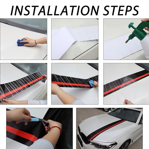 Image of TOMALL 55''x7'' Car Hood Sticker Auto Racing Body Side Skirt Roof Hood Bumper Stripe Decal Vinyl Waterproof Modified Stripe Decal Decorations for Car (Matte Black+Red)
