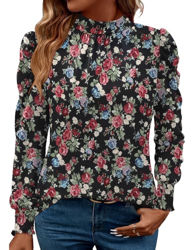 Image of LUYAA Puff Long Sleeve Shirts for Women Tops Dressy Casual Frill Mock Neck Smocked Cuffs Blouses