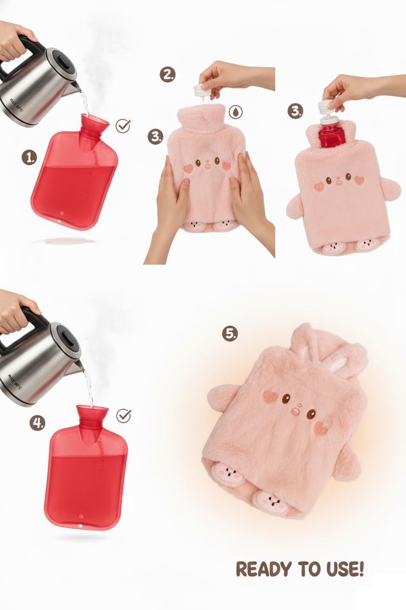 FYCAN Hot Water Bag With Leakproof lid Plush Cover Refillable Anti-leakage Pain Relief Bag For Periods Muscles Pain Hand Feet And Belly Warmer In Rabbit Design for Hot and Cold Therapy(1 litre) 2