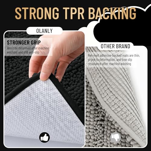 Image of OLANLY Thick Toilet Rugs U-Shaped 24x20, Extra Soft Absorbent Chenille Striped Contour Bathroom Rugs for Toilet, Dry Quickly, Machine Washable, Non-Slip Bath Mat, Black