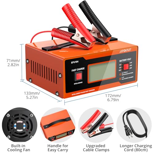 Image of AUTOUTLET 8V Car Battery Charger, 0-14A Fully Automatic 6 /8 /12 /14 /16 /2 Lead-Acid Battery Charger & Maintainer with 7-Stage Charging, Overcharge Protection, Reverse Polarity LED Indicator, 80cm Cable