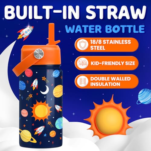 Image of SANDJEST Space Water Bottle - Kids Water Bottle with Straw Lid - 12 Oz Insulated Stainless Steel Water Bottles for Kid Boys Girls - Travel Cup for School Sports