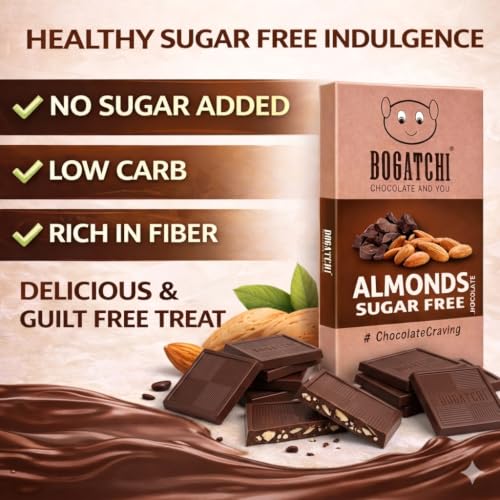 Image of BOGATCHI Almond Sugar Free Dark Chocolate Bites (15 Pcs) | Healthy Roasted Almond Chocolate Squares | Zero Sugar Premium Diabetic Friendly Snack & Gift Box | Vegetarian 80g