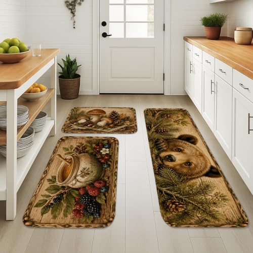 Tapis de cuisine pour éviers évitant les sols glissants | Lot de 3 tapis ours rustique