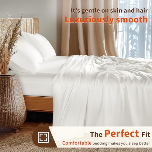 LBRO2M 100% Mulberry Silk Satin Sheets Set Queen Size Silk Fitted Sheet16 Deep Pocket Cool Bedding Sheet 4 Piece Wrinkle Resistant (Queen, White) - Image 5