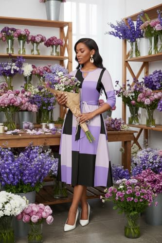 Image of CLOCOR Midi Dresses for Women Casual A-Line Fit and Flare Dress Crewneck 3 /4 Sleeve Keyhole Cocktail Party Church Dress