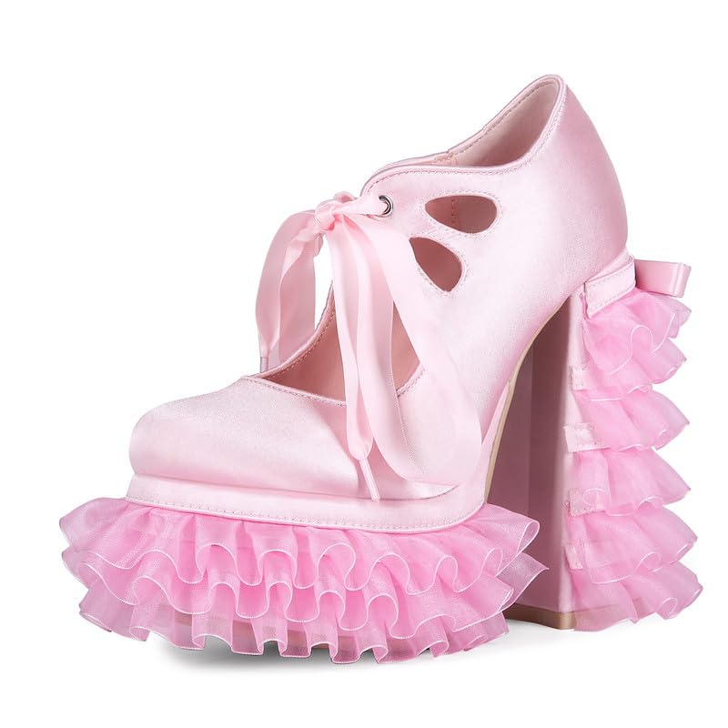 Lolita Plateaupumps für Damen Satin Schuhe mit Rüschenabsatz Schleife