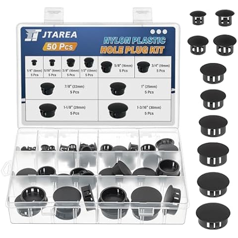 JTAREA 10Sizes Nylon Plastic Hole Plugs Kit 1/4" 5/16" 3/8" 1/2" 5/8" 3/4" 7/8" 1" 1-1/8" 1-3/16" Black Hole Cover for Furniture Cabinet Cover