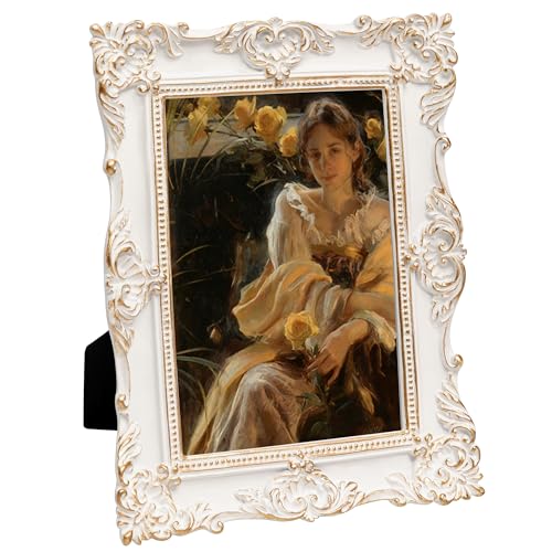 Image of eletecpro 5x7 Vintage Picture Frame with Real Glass Cover, Ornate Antique Photo Frame, Display 5x7 Picture for Tabletop or Wall Hanging, White Home Decor for Gallery Art