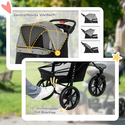 PawHut Hundewagen klappbar Hundebuggy für Hunde & Katzen bis 10 kg Katzenbuggy mit Netzfenstern Getränkbehalter Aufbewahrungskorb Katzenwagen Buggy Grau