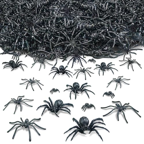 obqo 120 Stück Spinnen Halloween Deko Kunststoff | 3 Größen Spinnen Deko für Halloween Realistische Gruselige Spinnen Tisch Deko Schwarz für Halloween Party Dekorations