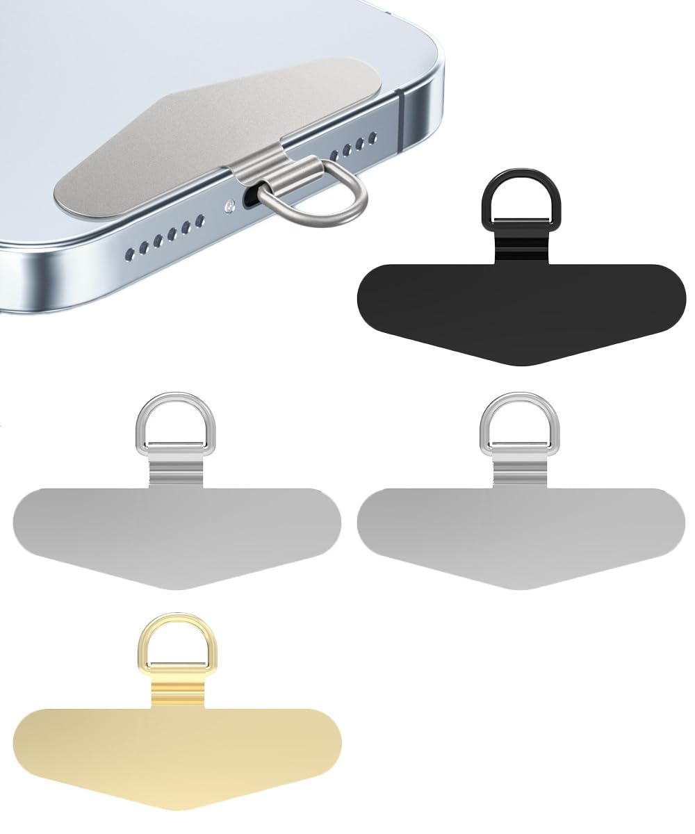 4PCS Phone Tether Tags, Metal Cell Phone Tether Tabs Without Adhesive Lanyard Patch Reusable Stainless Steel Pads for Universal Mobile Phone Smartphone Drop Protection(Black/Silver/Gold)