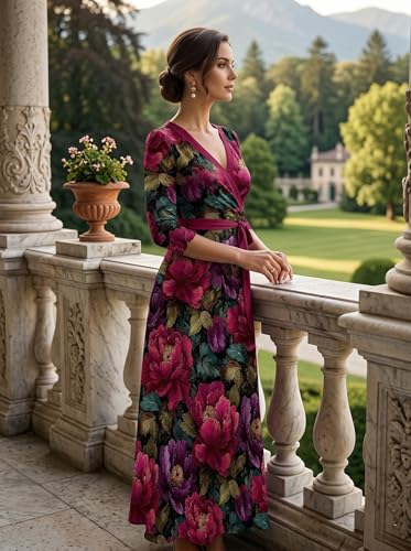 Image of PinkPatty Plus Size Maxi Dresses for Women Casual Flowy Long Dress 3 /4 Sleeve V Neck Wrap Dress with Belt