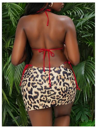 WDIRARA Women's 3 Piece Leopard Print Bikini Set String Halter Swimsuit with Cover Up Skirts2