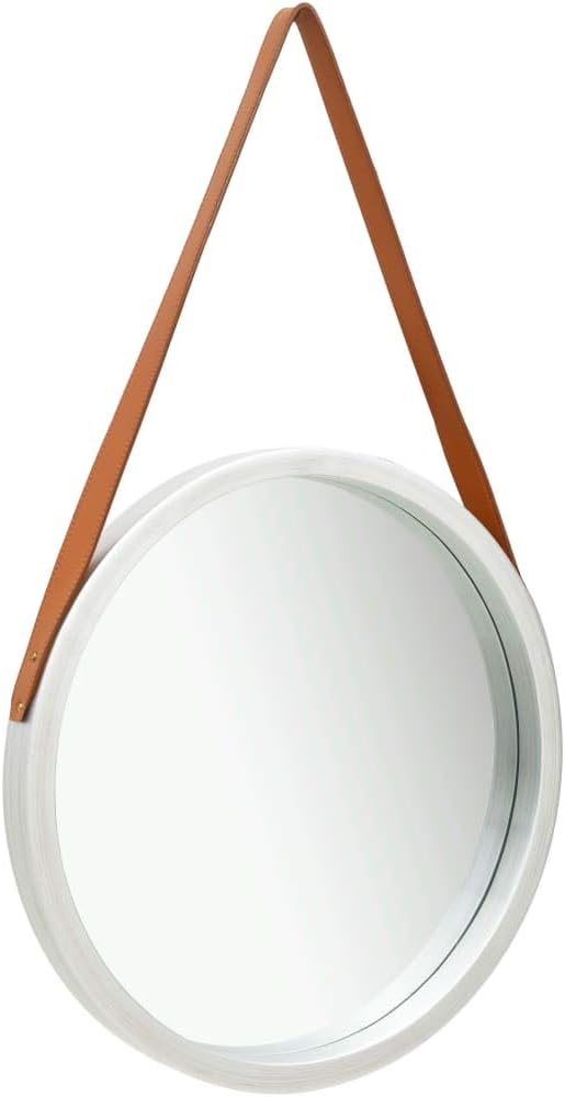 vidaXL Retro-Styled Wall Mirror with Strap | Large Round 16.7-inch | Faux Leather Strap & Paulownia Wood Frame | Home Decor for Bathroom, Bedroom, Living Space