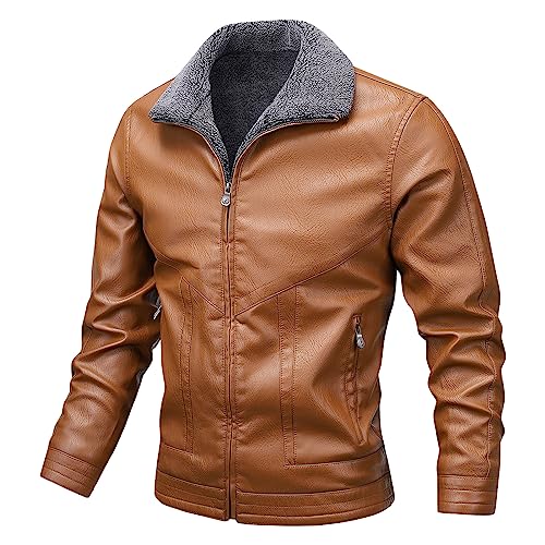 JEsilunmaMY Men's Fur Collar Winter Leather Jacket Full Zip Fleece Lined Lapel Sherpa Coat Slim Fit Casual Bomber Outwear