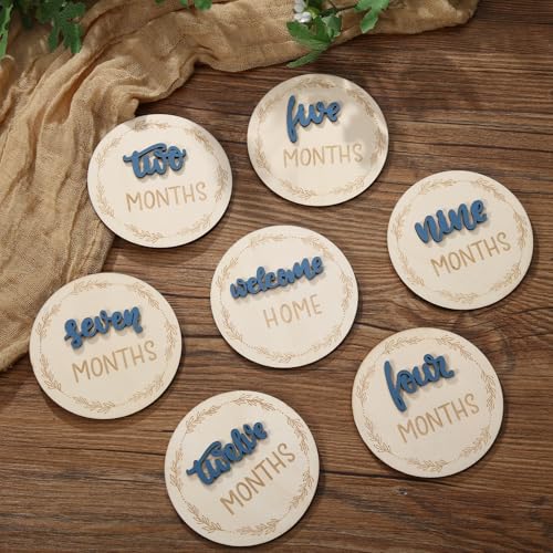 Image of Baby Monthly Milestone Cards, Wooden 3D Baby Milestone Signs, Double Sided Blue Monthly Baby Milestone for Newborn Boy Girl 1-12 Months Photos