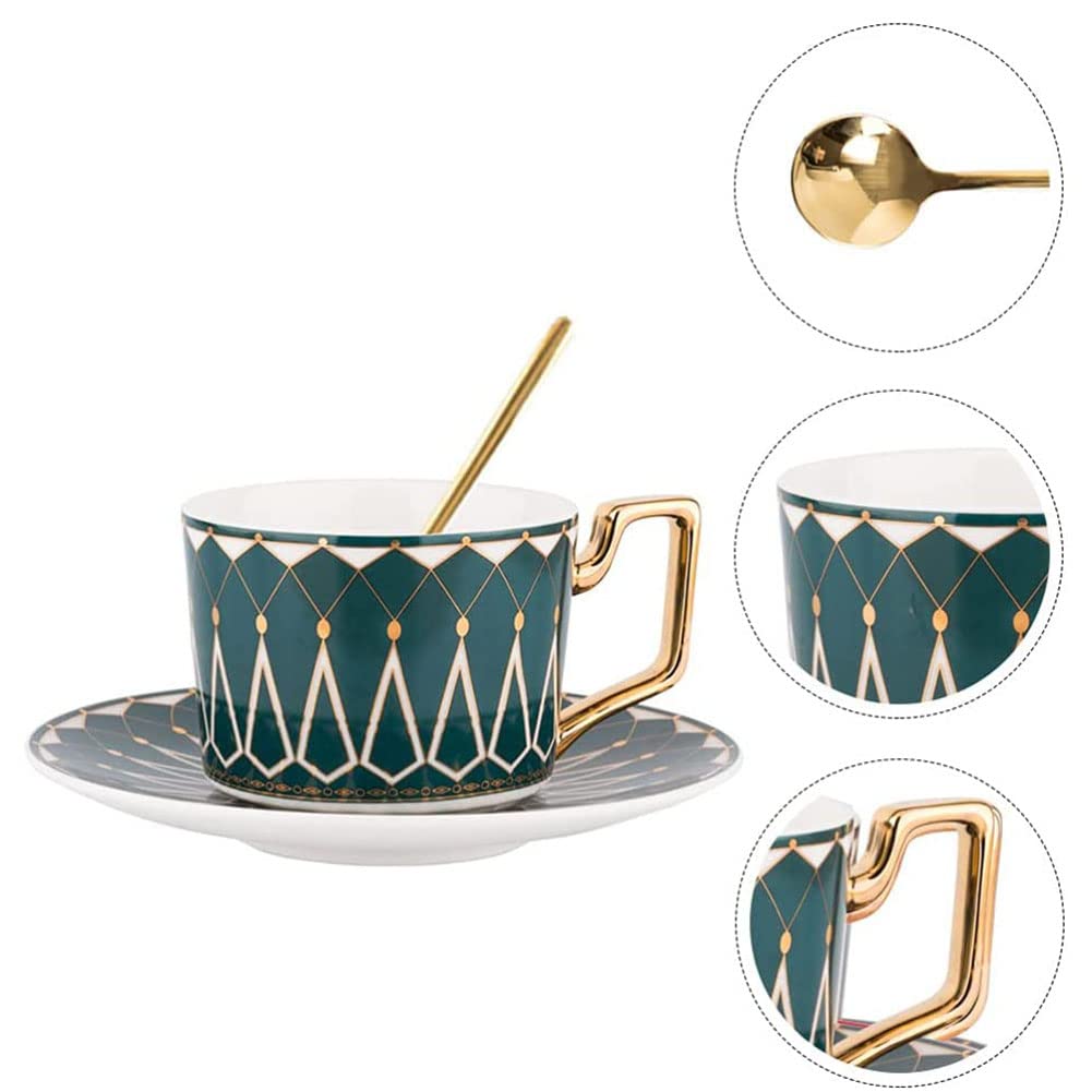 Tazas y platillos de café de Estilo Europeo con Cuchara, Tazas de té Reales de cerámica, Juego de Tazas de té con Flores Retro (Verde)
