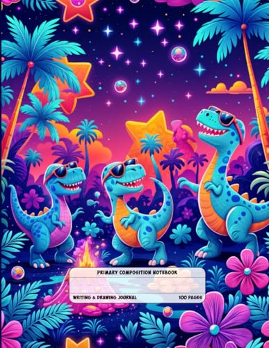 Dino Party Blast - Primary Story Journal: Dotted Midline and Picture Space | Grades K-2 School Exercise Book | 100 Story Pages