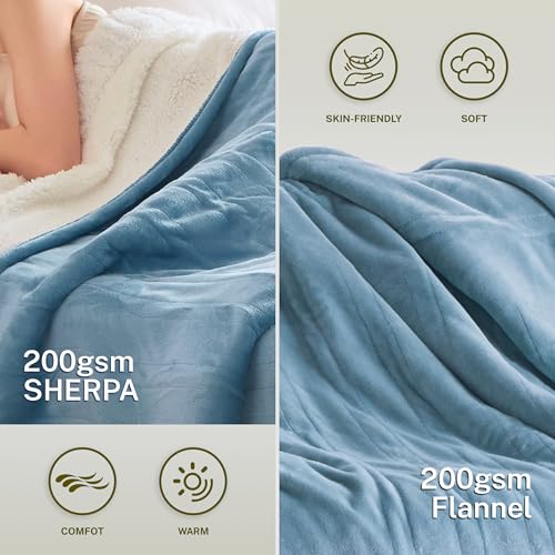 Heat Blanket 62”x84” Twin Size,Soft Flannel & Sherpa Reversible Electric Blanket with 10 Heat Settings,12 Timer Setting and 8 Hours Auto-Shut Off,ETL Certified Machine Washable,Light Blue