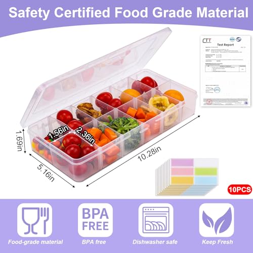 AIERSA Snack Box Container for Adults-12 Compartments,Adjustable Divided Snackle Box,Bento Box Accessories with 60 Labels,Snack Boxes for Travel,Work,Clear (2 Pack)