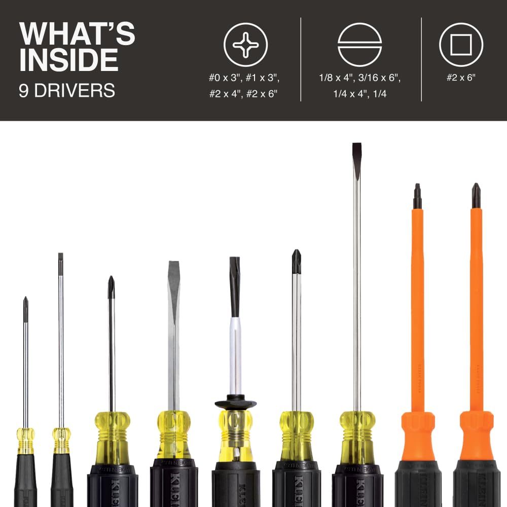 Klein Tools 85850 - Set di attrezzi da elettricista, 9 pezzi, con 3 cacciaviti a croce, 3 cacciaviti a taglio, cacciavite a vite, 2 driver isolati, Phillips e quadrato, impugnatura ammortizzata