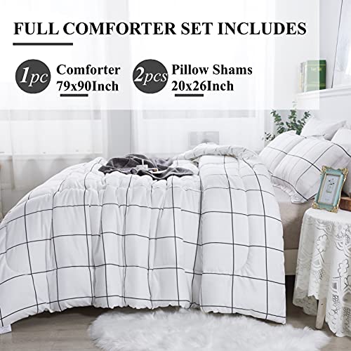 Image of Andency White Grid Comforter Set Full(79x90Inch), 3 Pieces (1 Plaid Comforter and 2 Pillowcases) White Plaid Comforter Set, Lightweight Polyester Gingham Geometric Comforter Bedding Set