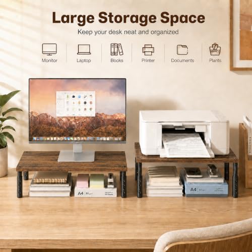 Image of OPNICE Adjustable Monitor Stand Riser for Desk, Wood Computer & Laptop Stand, Desk Organizers and Accessories, Office Desk Accessories & Workspace Organizer for Home Office Supplies, Brown 2-Pack