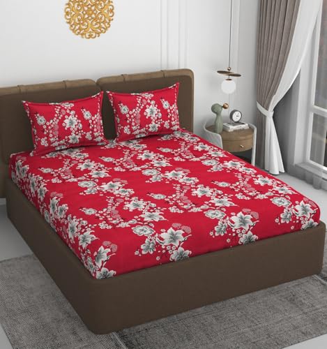 Image of VOMZER 300 TC Cotton Feel All Around Elastic Fitted Queen Size Floral Bedsheets, Supersoft Elastic Fitted Double Bedsheet with 2 Pillow Covers, Size 60x78x8 Inches White