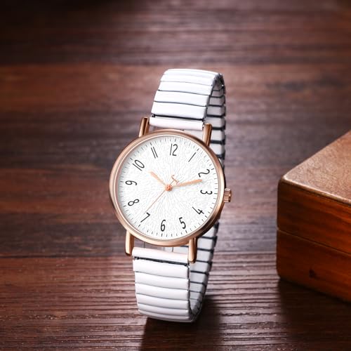 Avaner Montre Femme à Bracelet élastique: Montre Extensible pour Dame,Facile à Lire Grands Chiffres Bracelet en Acier Inoxydable Rigide–Montre à Quartz Analogique étanche pour Femme Blanc – vue 5