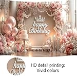 Pink Happy Birthday Backdrop, Elegant Princess Theme Party Decoration with Rose Gold Balloons & Crown, Photography Background Banner for Girls Women Birthday Party Photo Booth Props, 7ft x 5ft - Image 4