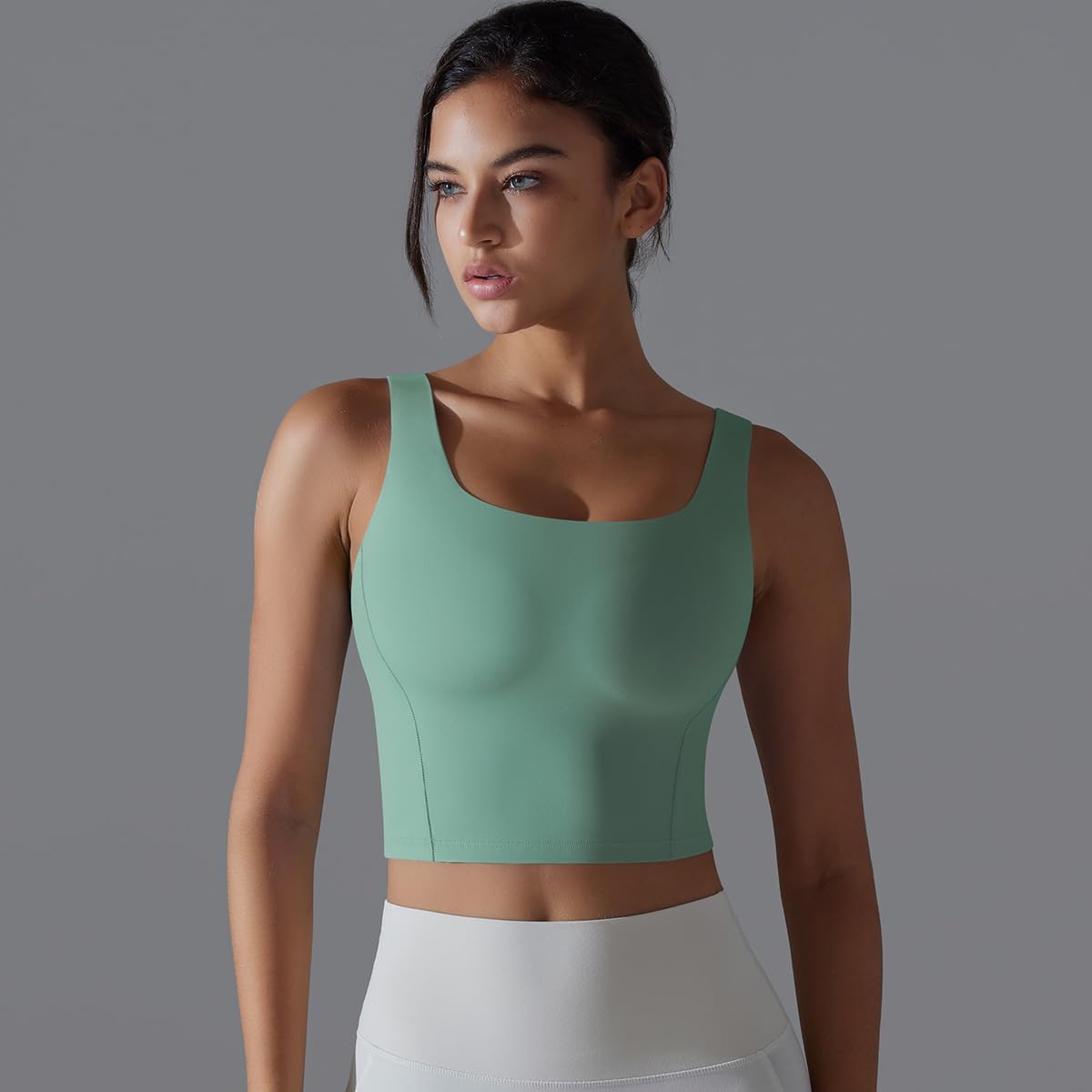 ABOCIW Women's Square Neck Longline Sports Bra Sleeveless Padded Workout Yoga Crop Tank Tops - Image 3