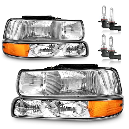 KarSpareHub Headlights Assembly for 99-02 Chevy Silverado 1500 2500; for 01-02 Silverado 1500HD 2500HD 3500HD; for 00-06 Tahoe Suburban Headlight+Bumper Parking Turn Signal Marker Light with Bulbs