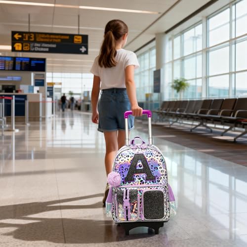 Image of Meetbelify 3 in 1 Backpack with Wheels for Girls Rolling Letter Backpack Cute Carry on Backpack Kids Luggage with Lunch Box Pencil Case for Elementary Student
