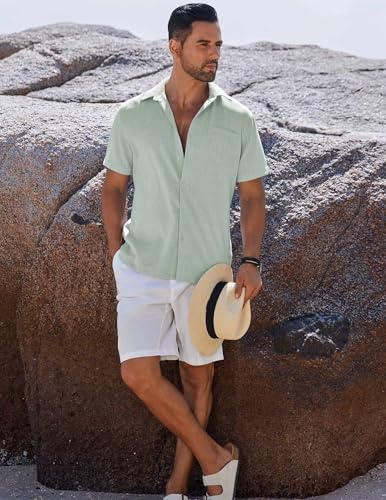 Image of COOFANDY Men's Button Down Shirts Short Sleeve Casual Shirts Summer Beach Linen Shirts with Pocket
