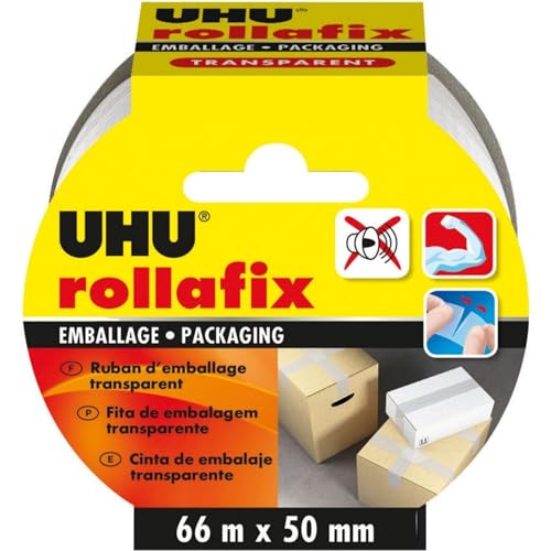 UHU Rollafix - Ruban Adhésif Transparent - Emballage, Packaging - Adhérence Elevée - Sans Solvants - Se Déchire à la Main - Ruban de 66 m x 50 mm