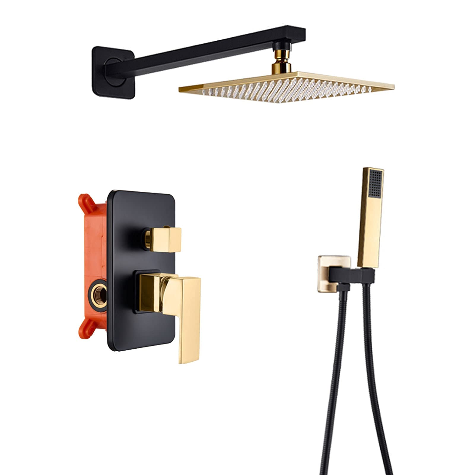 CWCQGH Shower System Black Golden, 10inch Rainfall Shower Head with Hand Shower, Wall Mounted Shower Faucet Set, Brass Embedded Box Mixer Valve,Wall Mounted,Wall Mounted