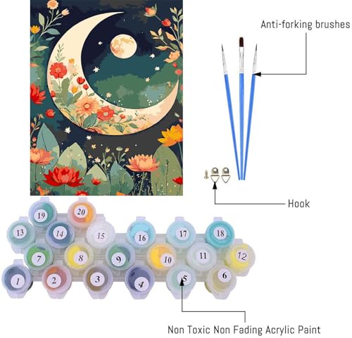 Moon Paint by Numbers Kit for Adult Beginners, DIY Acrylic Flowers 16x20 Wall Art