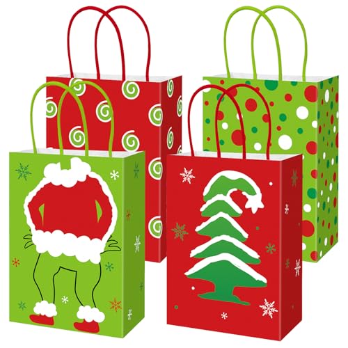 JarThenaAMCS 24Pcs Green Christmas Paper Gift Bag Funny Xmas Treat Bags with Handles Dot Candy Goodie Bags for Winter Holiday Party Supplies Decoration