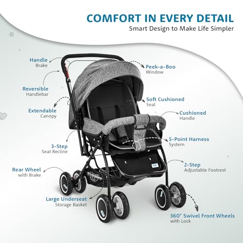 Image of Amazon Brand - Supples Baby Stroller /Pram for Newborns & Toddlers (0-3 Years) | Foldable, 5-Point Safety Harness, Reclining Seat, Storage Basket, Adjustable Backrest, 360 Wheels | Grey & Black