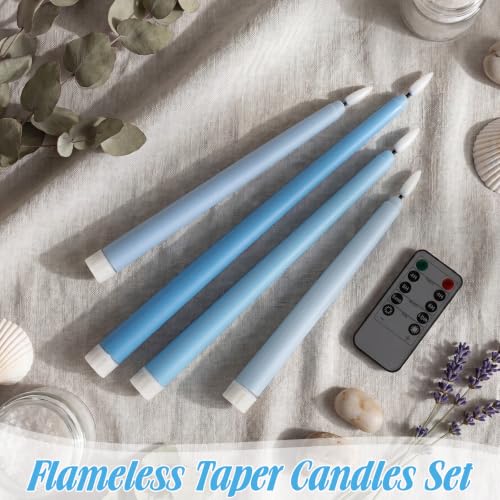 Image of Rossesay 16 Pcs Ocean Blue Flameless Taper Candles Battery Operated Candles with Remote Timer 8.5 inch 9.6 inch 10.8 inch 12.8 inch Multiple Sizes LED Flickering Candlestick for Wedding Party Centerpieces Decor