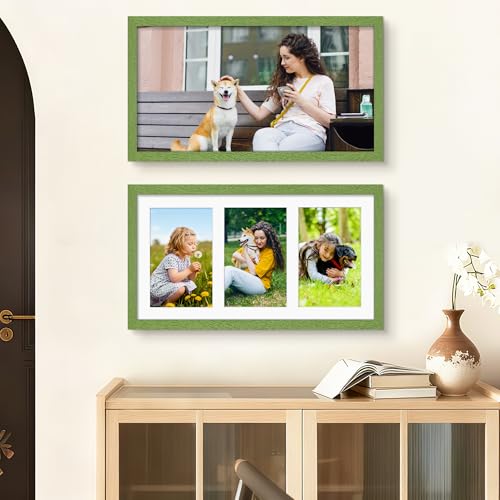Image of DUENPY 8x14 Collage Picture Frame 4x6 Collage Picture Frame Displays Three 4x6 inch Photos or 8x14 (Without Mat) for Available Horizontal Wall Mounting Display and Vertical Green