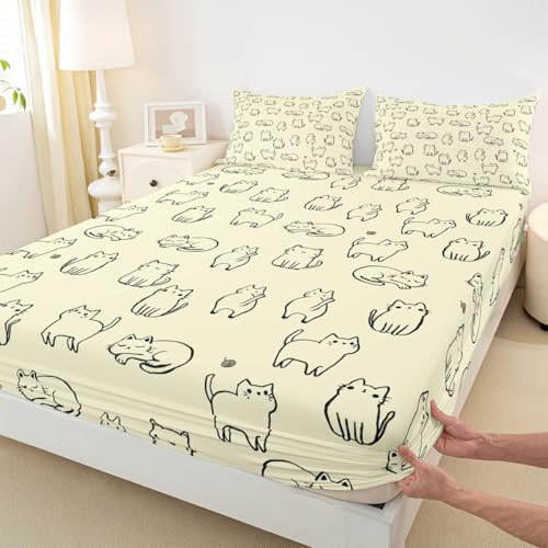 Image of Kawaii Cat Fitted Sheet Set Full Size 4 Pcs,Kitten Silhouette Yellow Teens Sheets,Cartoon Animals Pets Bedding Sets (1 Fitted,1 Flat,2 Pillowcases) Luxury Deep Pocket Bed Sheets