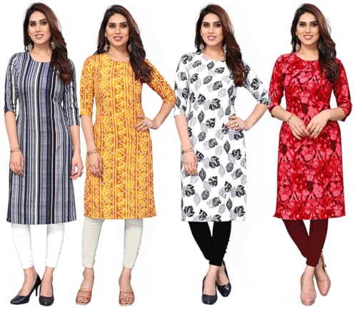 Image of JAKHANA Women's Crepe Printed Casual Straight Calf Length Round Nick Kurta Pack of 4