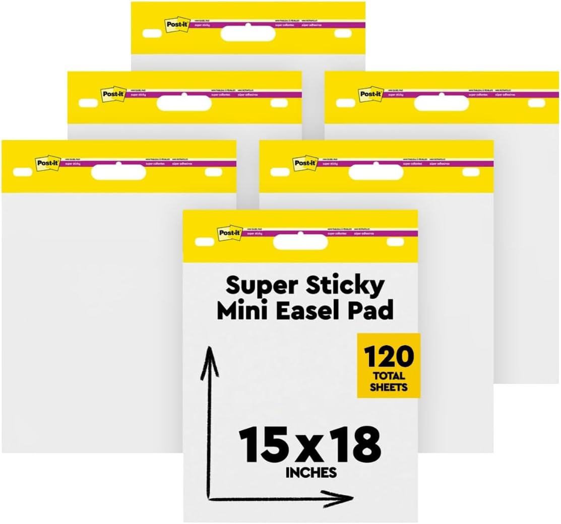 Super Sticky Mini Easel Pad, 15 x 18 Inches, 20 Sheets/Pad, 6 Pads, White Premium Self Stick Flip Chart Paper, Great for Virtual Teachers and Students (577SS)