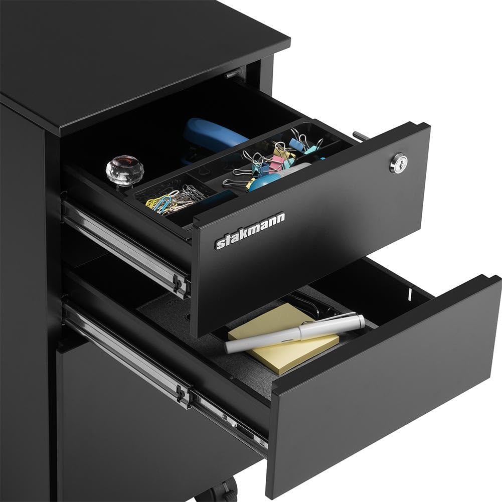 Armadio in Metallo da Ufficio con 2 Chiavi e Serratura, Cassettiera Nera Ideale per scrivania, Mobile Archiviazione Faldoni, Archivio Studio Porta Documenti, (2 + 1 Cassetti Nero)