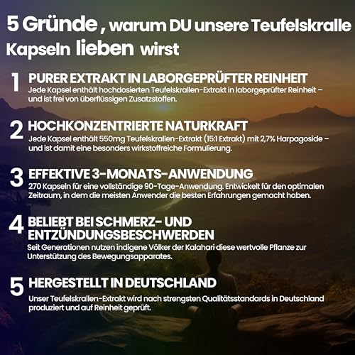 Teufelskralle Kapseln (Extrakt) | 270 Kapseln | PREMIUM: 2,7% Harpagoside | 1650mg pro Tag | Vegan & Laborgeprüft - SUPPLENATURA®